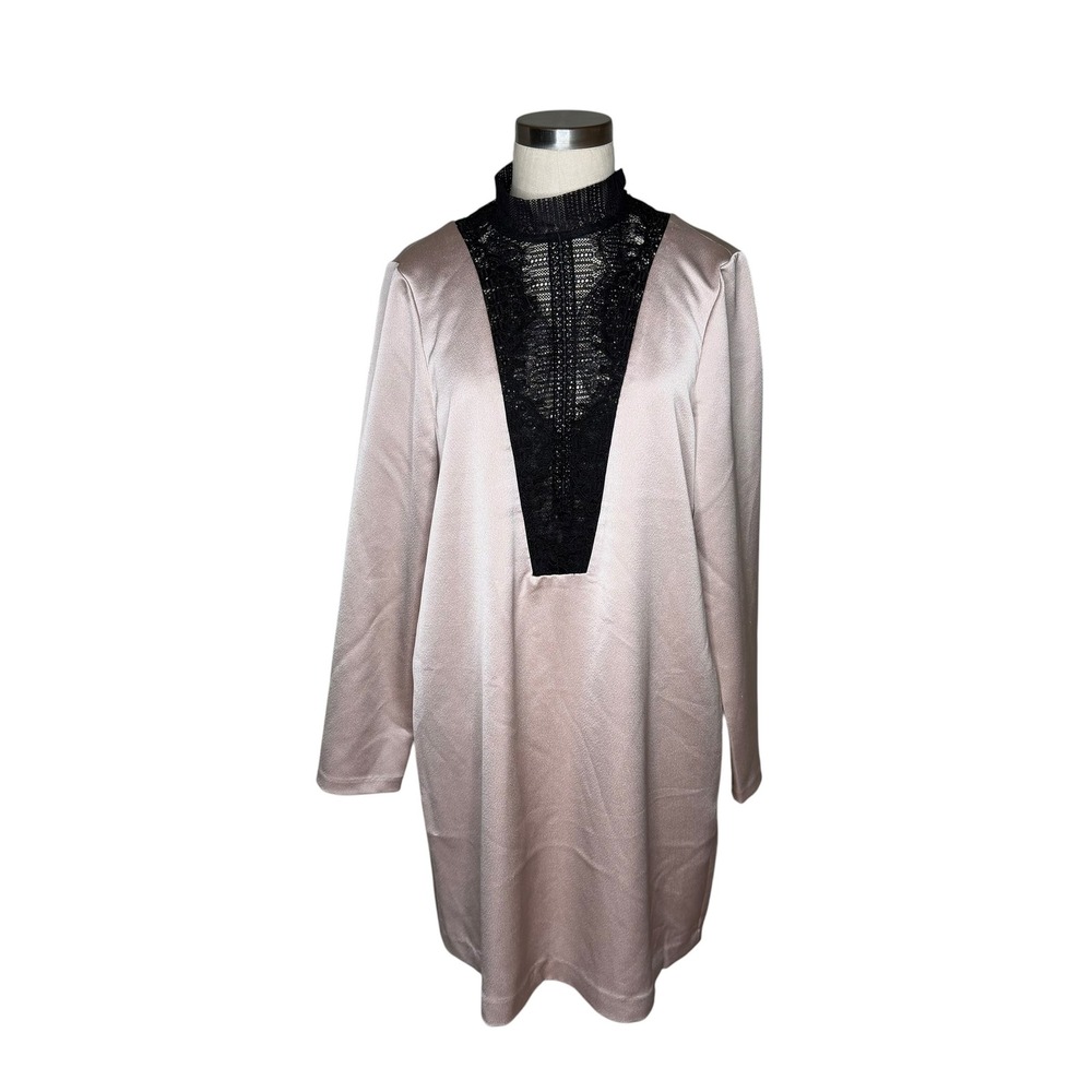 REISS Gabriel Lace Satin Blush Pink Black Shift Dress Women's Size 10 NEW